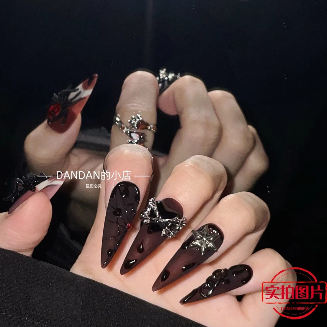 纯手工穿戴甲红色新年暗黑蜘蛛蝴蝶轻奢重工超长款显手白哥特风