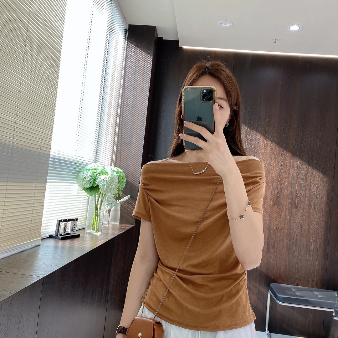 IMFLY金小金自制 T恤DYW7096一字领短袖女夏季褶皱修身短款上衣