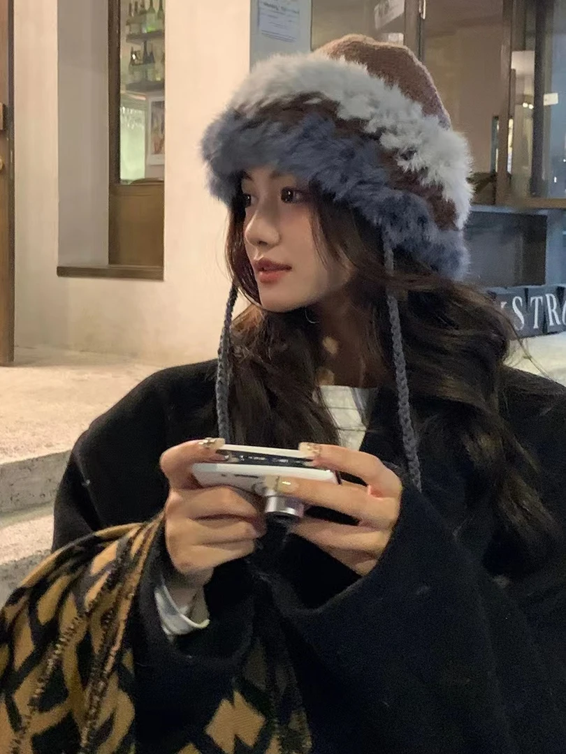 【森林推荐】仙气四溢~古着感兔毛拼接绑带冬保暖复古毛线帽显脸小