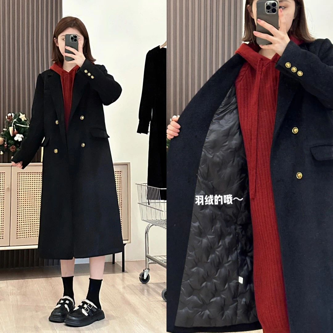 中长款大衣女2023冬季新款修身显瘦羽绒内胆毛呢西装外套 6517