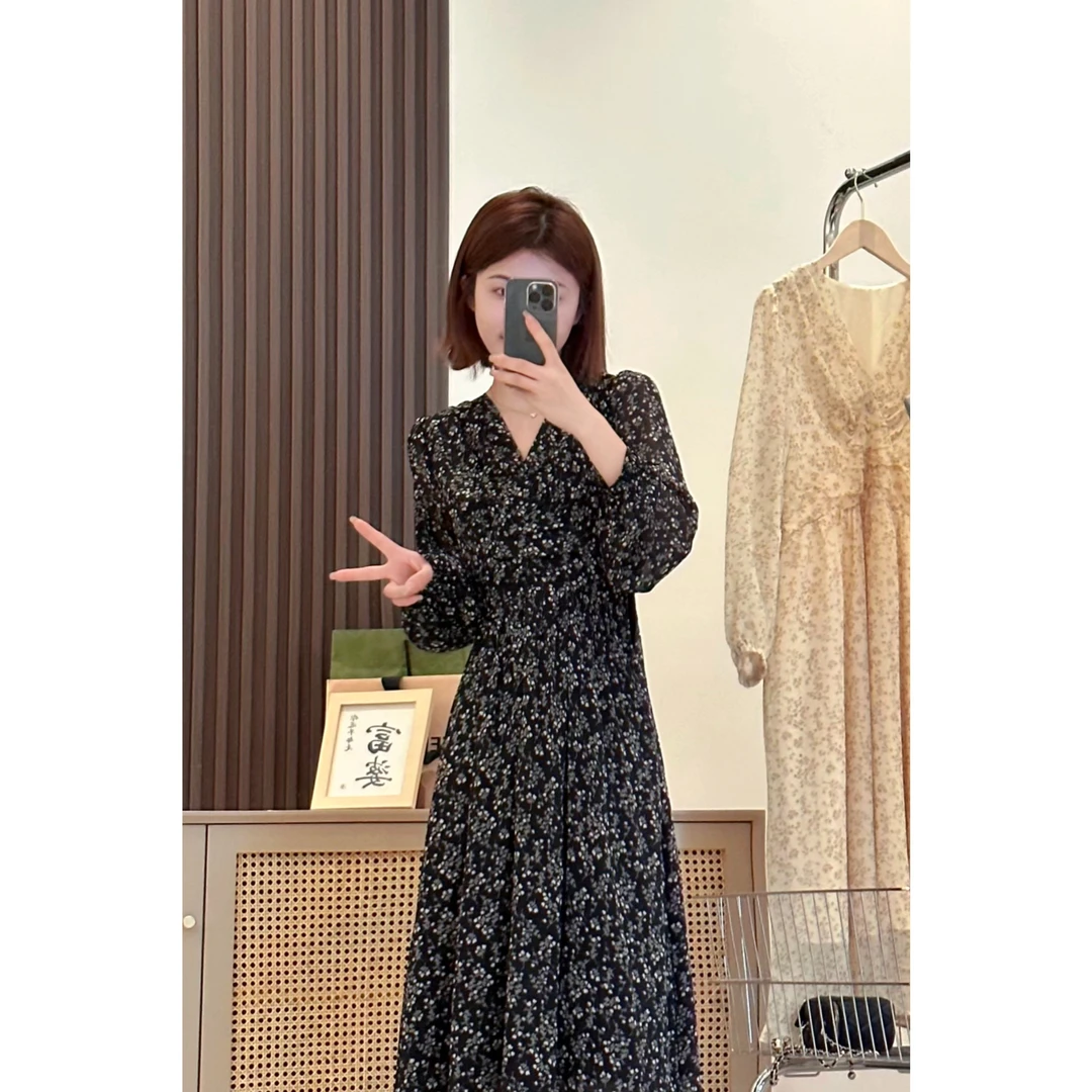 法式复古长袖连衣裙女设计感小众碎花 裙春季新款 038