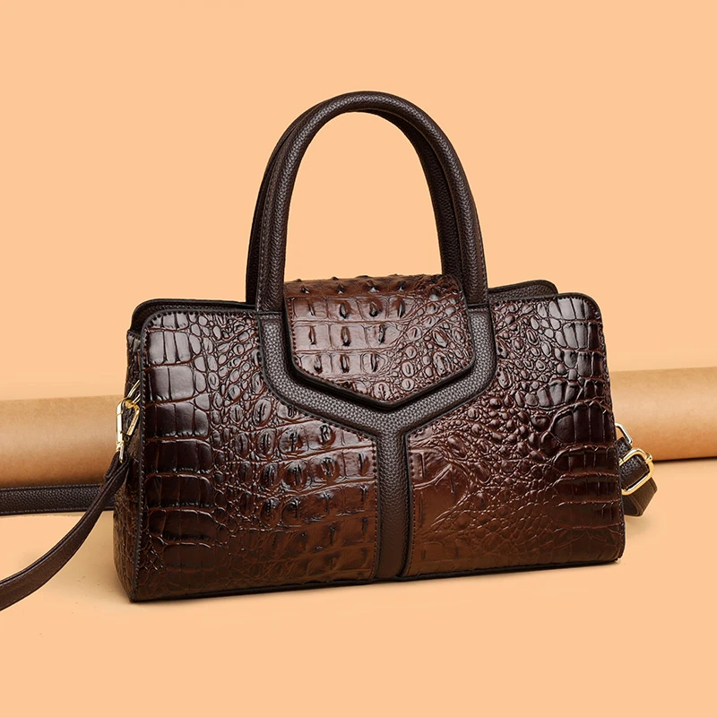 新款高级感鳄骨纹女士手提包时尚休闲肩包棕色20212