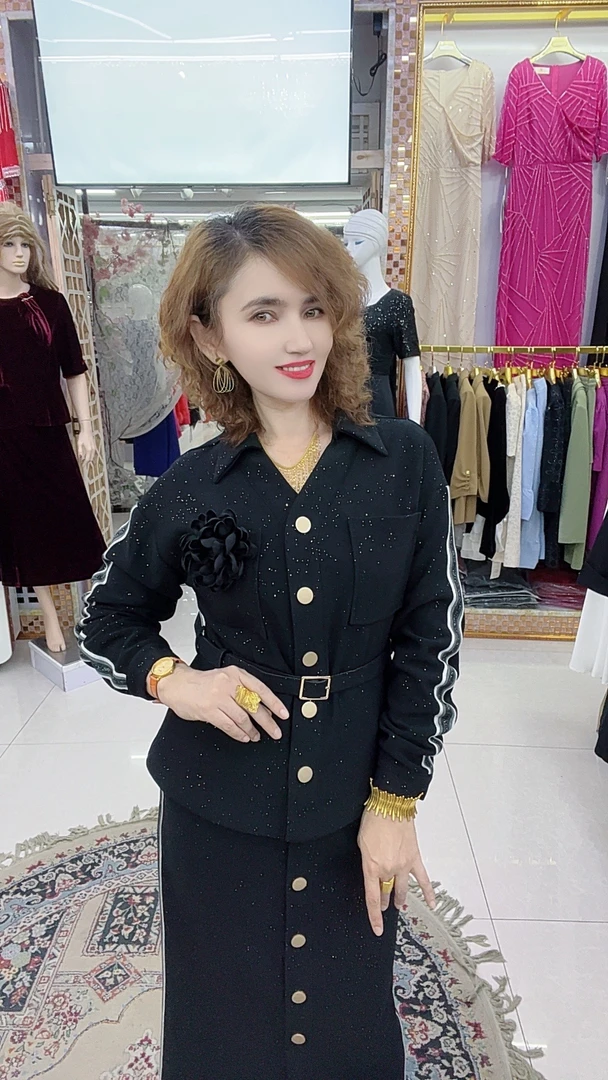 MODA KIZ新款荷叶边长袖开衫上衣高腰松紧半身裙两件套