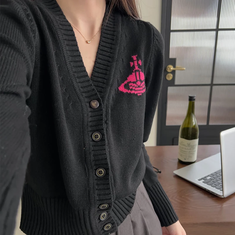 秋冬V领开衫短款针织土星撞色复古羊毛混纺毛衣百搭长袖外套女