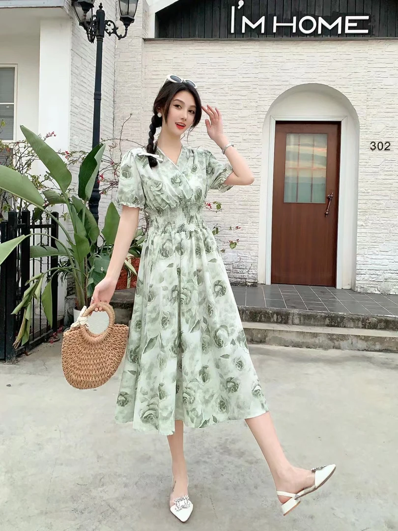 夏季新款碎花长裙气质大牌女人味带弹力胖瘦可穿