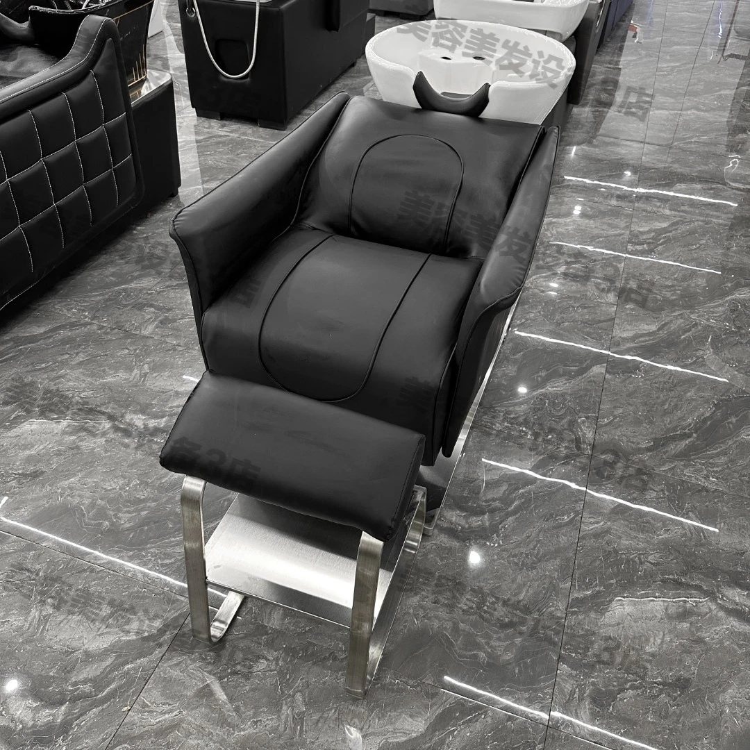 高端网红美发理发店发廊半躺式不锈钢冲水床陶瓷盆洗头床专用