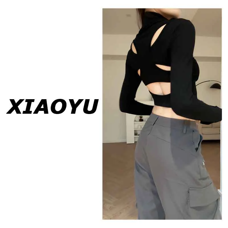 【小鱼】美式机能小心机镂空露背上衣小众辣妹长袖T恤秋