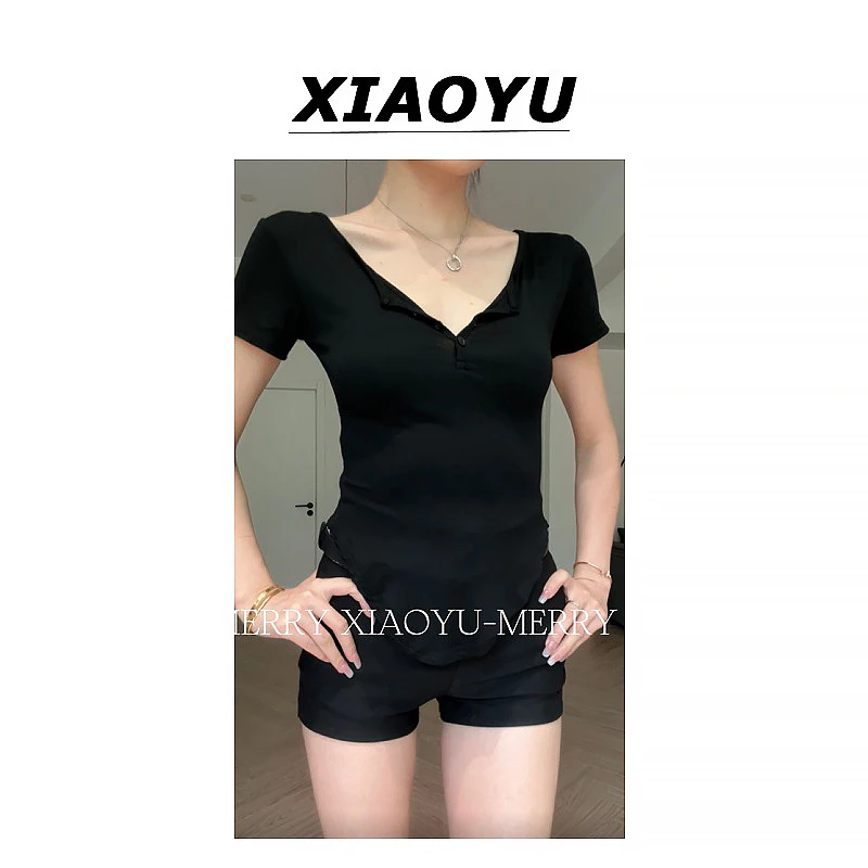 小鱼【时至初夏】美式高街性感半开领上衣弧形设计感收腰T恤