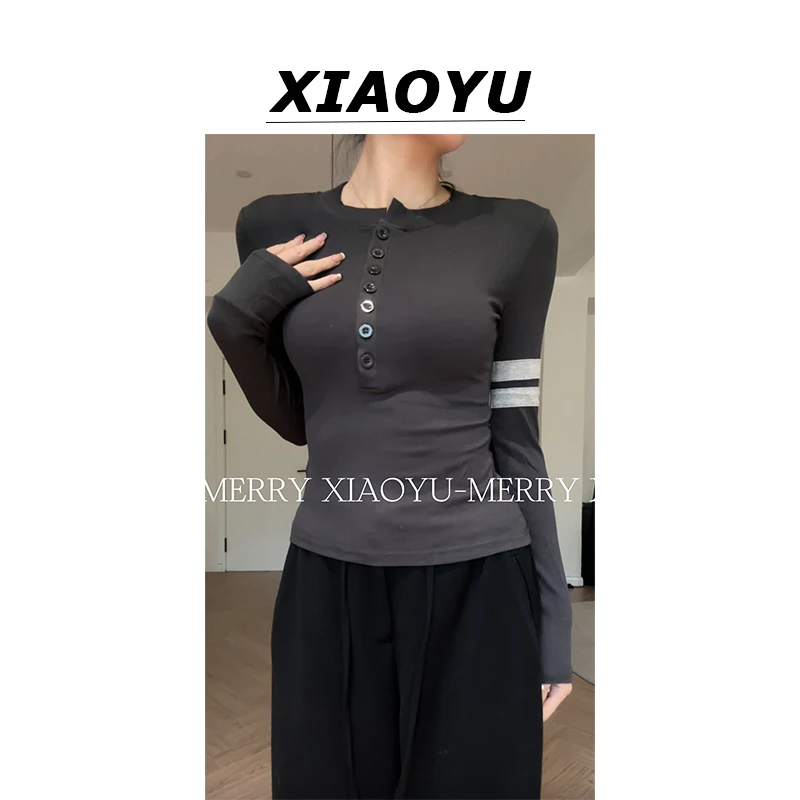 妙前小鱼【美式学院】辣妹圆领排扣正肩长袖T恤女秋冬修身百搭上衣