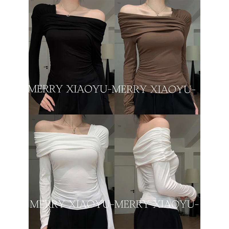 【年终特价】纯欲风斜露肩上衣女性感打底衫一字肩显瘦长袖