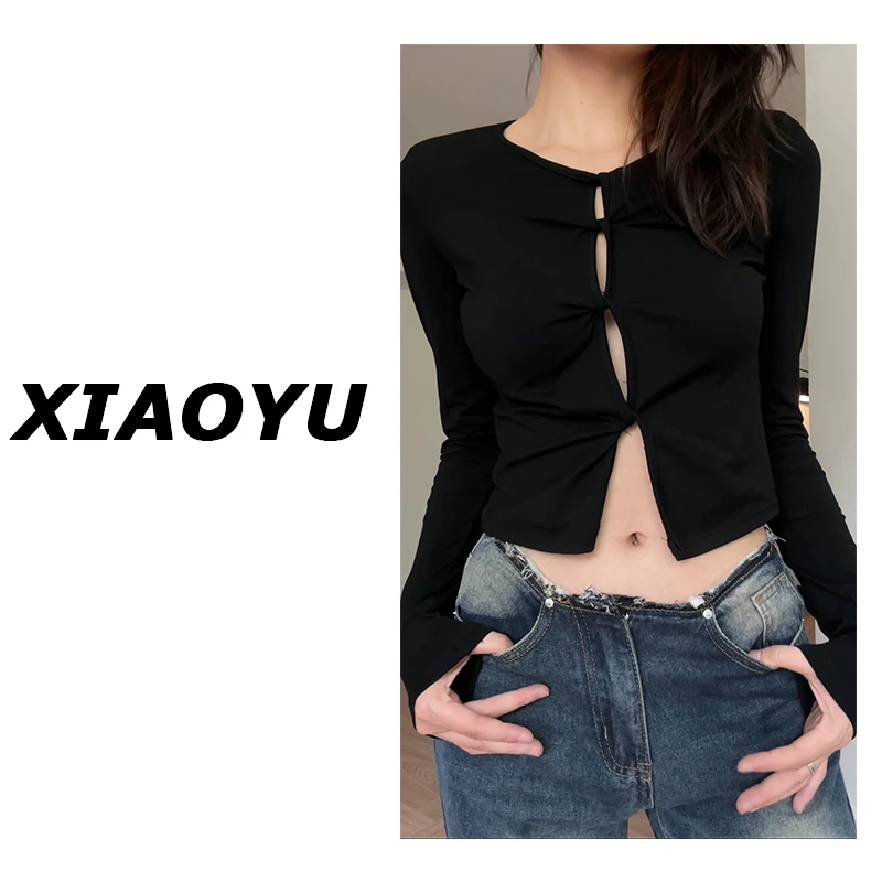 妙前小鱼【魅力焦点】辣妹前镂空上衣女小众性感打底衫圆领显瘦长袖