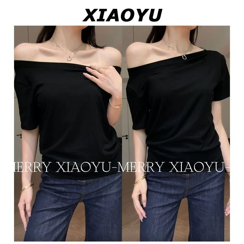 小鱼【魅力焦点】一字肩露肩显瘦短袖夏季百搭修身黑色T恤