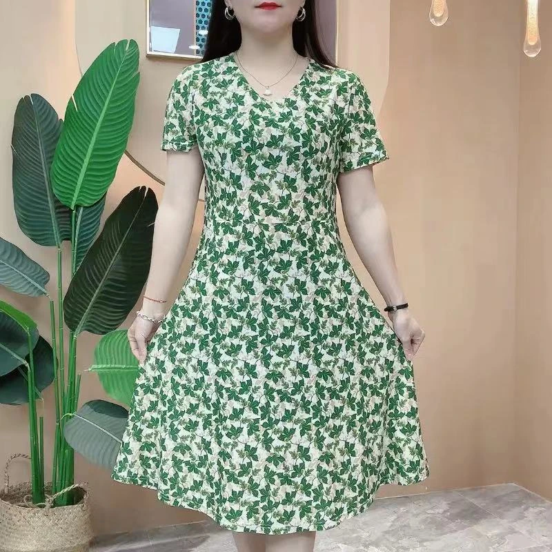 中老年女装薄款妈妈夏装中长款夏季大码短袖连衣裙弹力时尚碎花裙