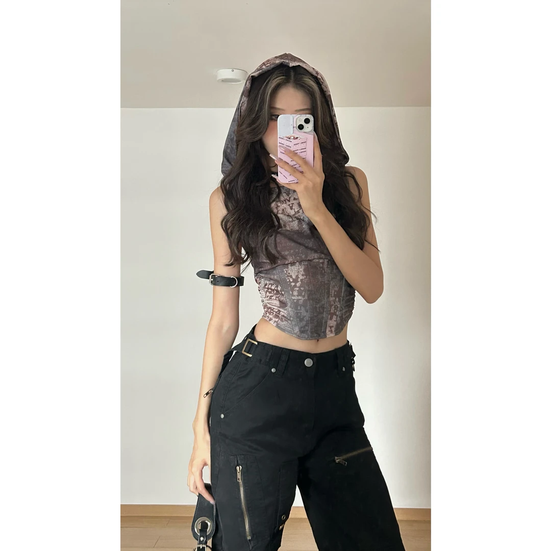 元子【废土女孩】欧美无袖褶皱连帽上衣D06765YZ32