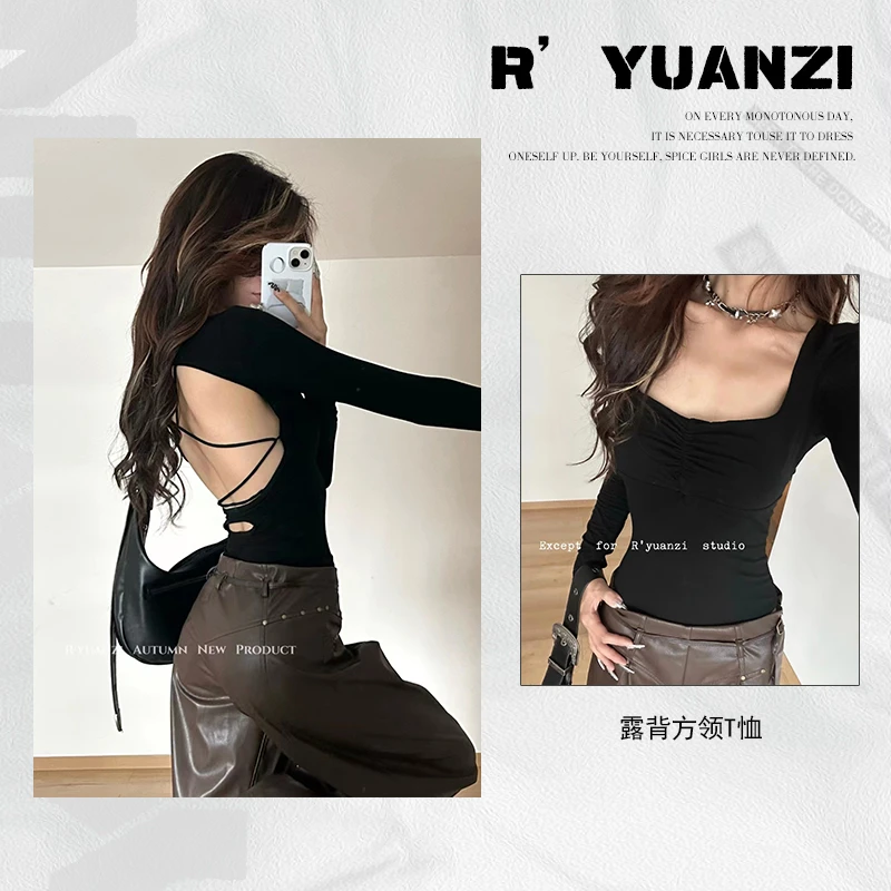 元子【辣辣日记】性感大露背绑带连体长袖T恤上衣T08367YZ33