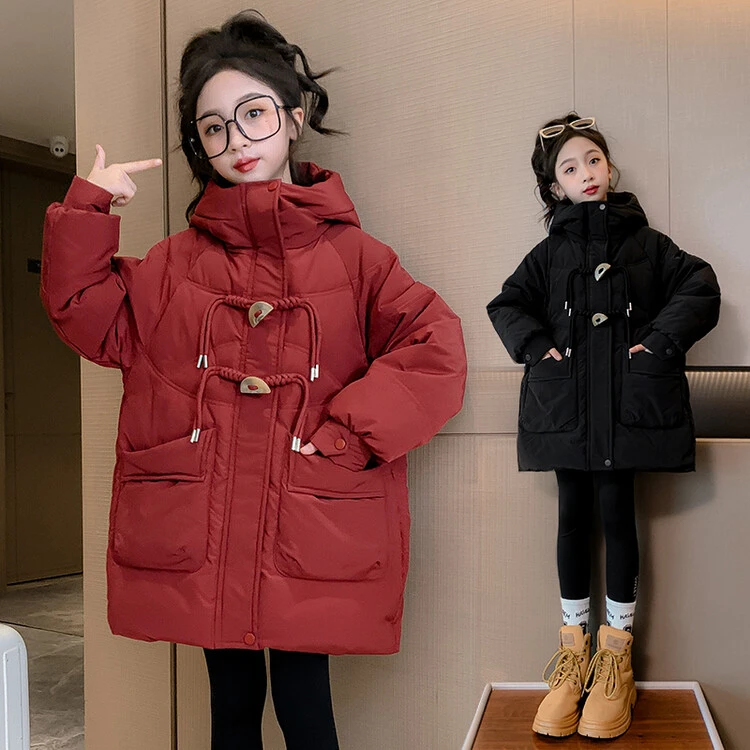 女童棉衣2023年冬季新款洋气时尚韩版保暖中大童半月扣连帽棉服酷