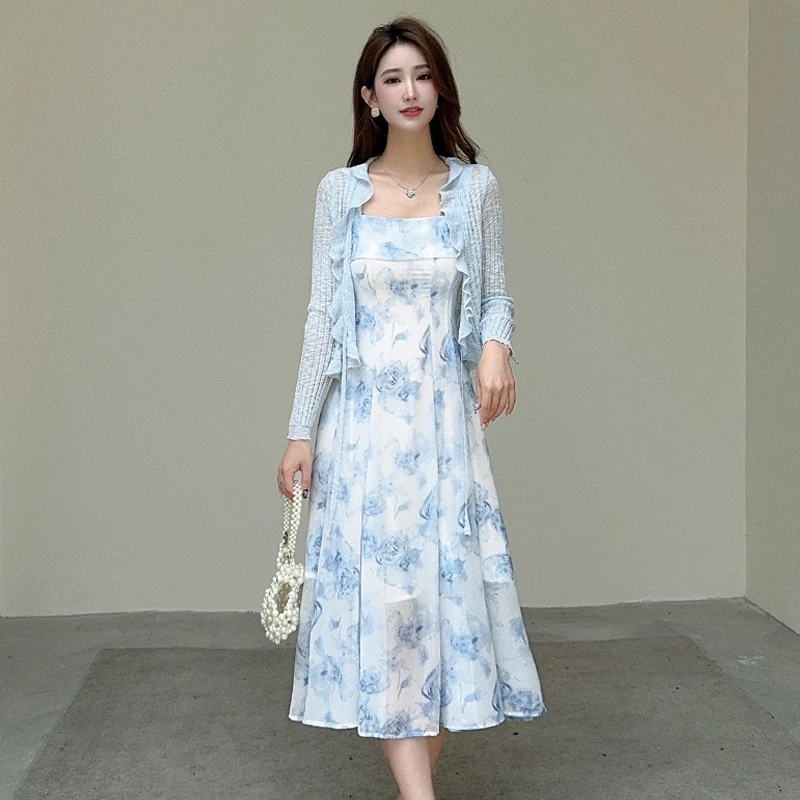 三亚沙滩裙法式浪漫蓝色水墨晕染吊带裙海边旅游度假连衣裙两件套