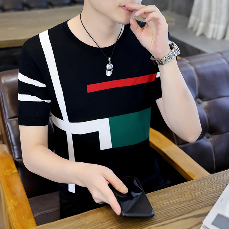高档短袖T恤男士欧货撞色针织高端半袖夏季体恤新款轻奢男装帅气
