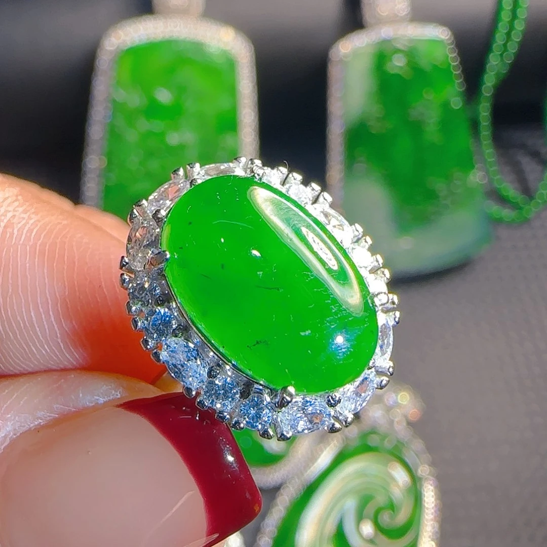 翡翠戒指银S925镶嵌天然