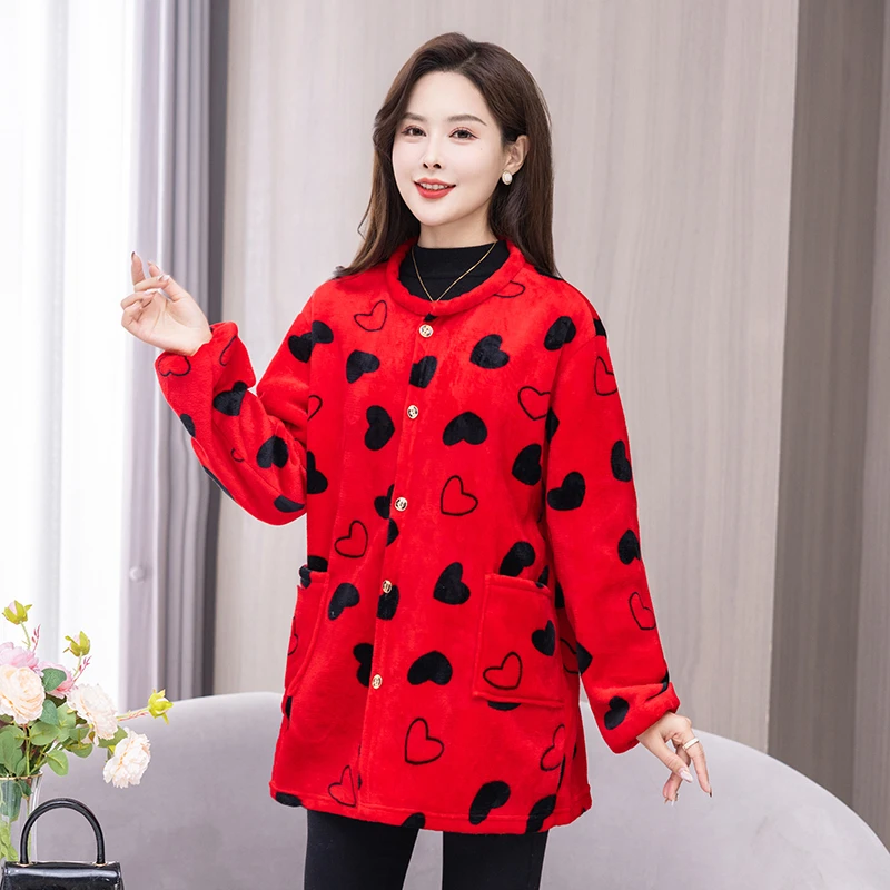 秋冬中老年女套褂大码妈妈装加绒大码工作服中长奶奶装法兰绒罩衣