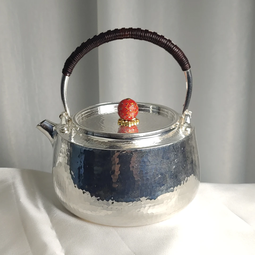 清货-手工锤纹999北村提梁泡茶壶可明火可电陶炉银壶凹盖款