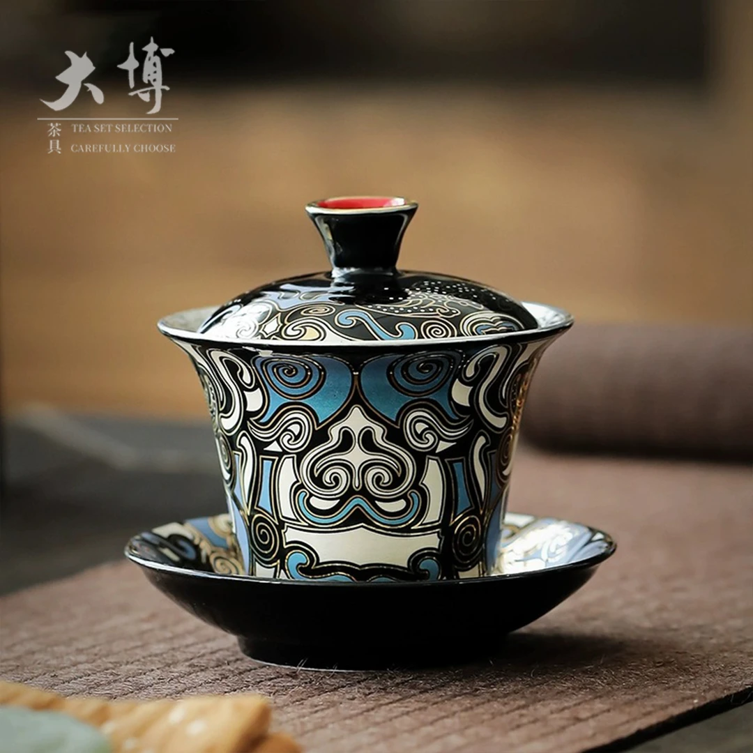 银错盖碗中国风饕餮纹三才碗家用功夫茶具泡茶器敬茶碗鎏银C093