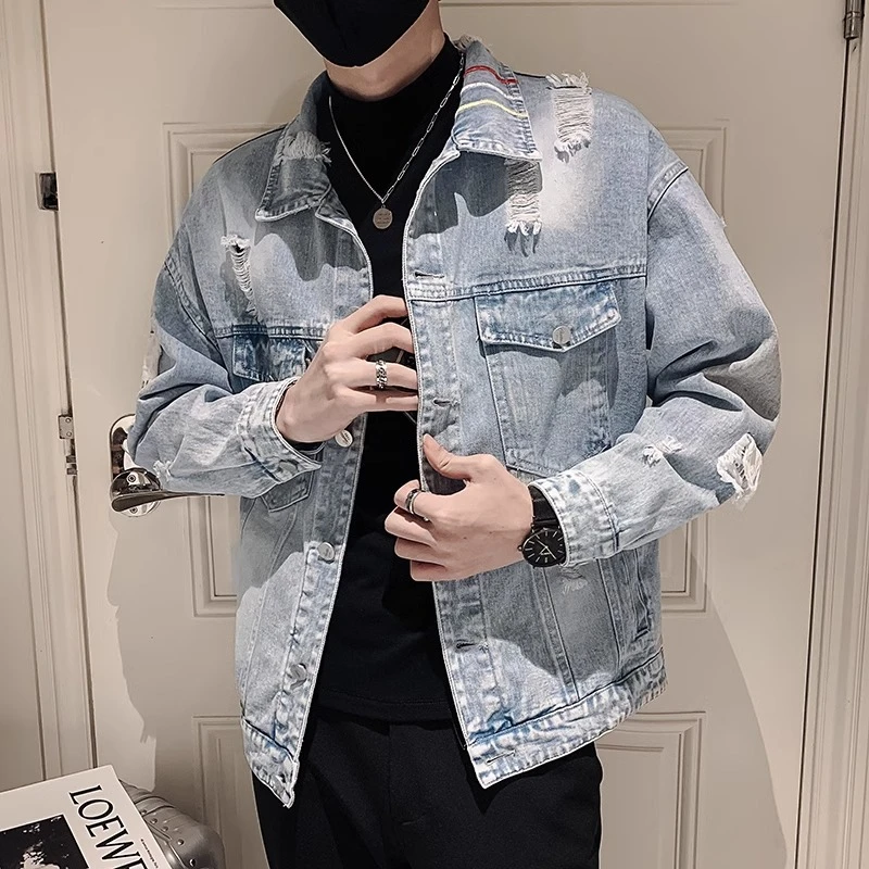 春秋季网红牛仔外套男韩版休闲潮流修身帅气褂子男装刺绣潮牌夹克