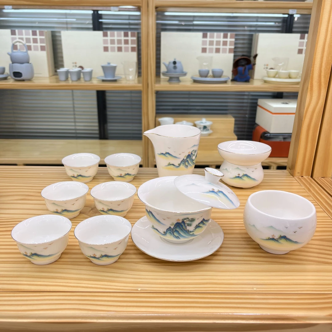 当代 宽口杯描金悬停千里江山11件白瓷功夫茶具套装 安全泡沫包装