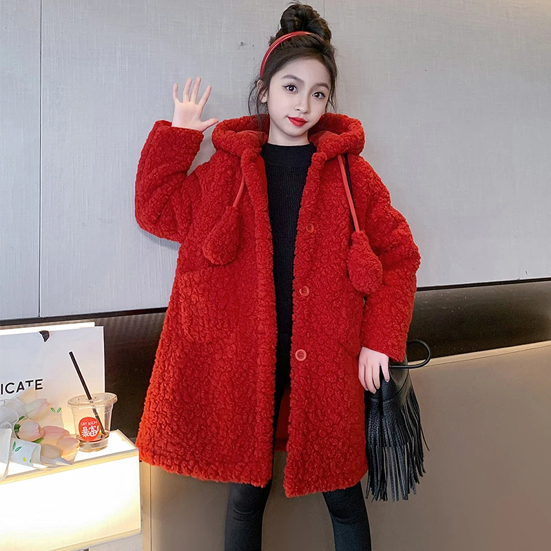 女童外套冬装2023新款儿童大童长款加厚红色毛毛衣新年本命年大衣