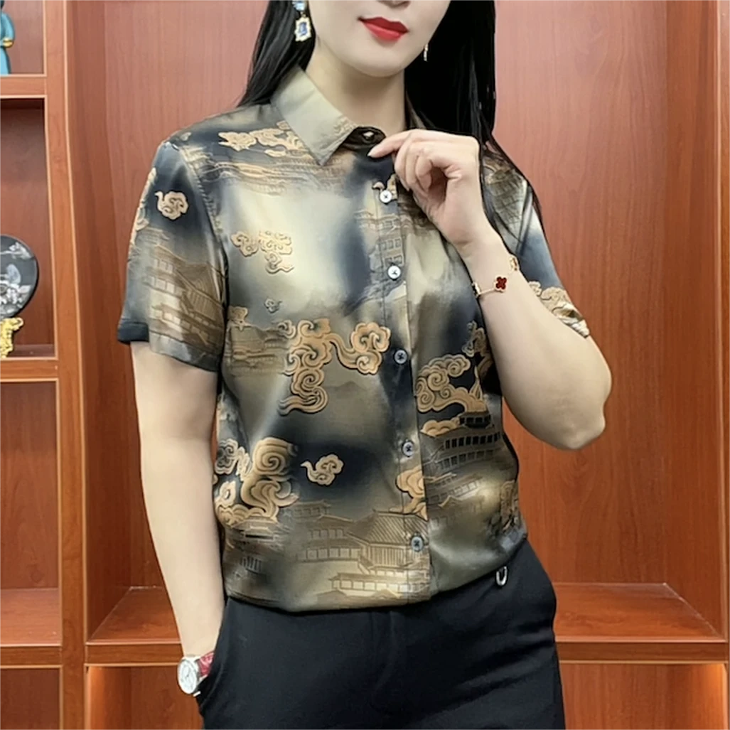 轻奢男士桑蚕丝衬衫时尚商务男装国潮祥云图案网红短袖夏季百搭