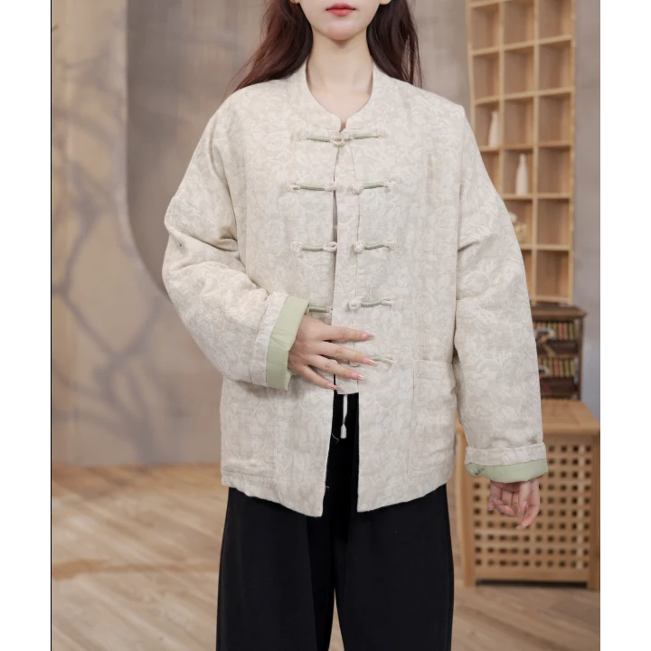 8341秋冬新中式麻棉提花外套加厚国风复古棉衣