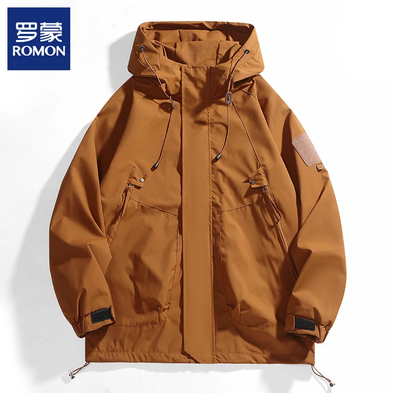 罗蒙户外休闲冲锋衣外套男春秋季2024新款防风防水夹克连帽登山服