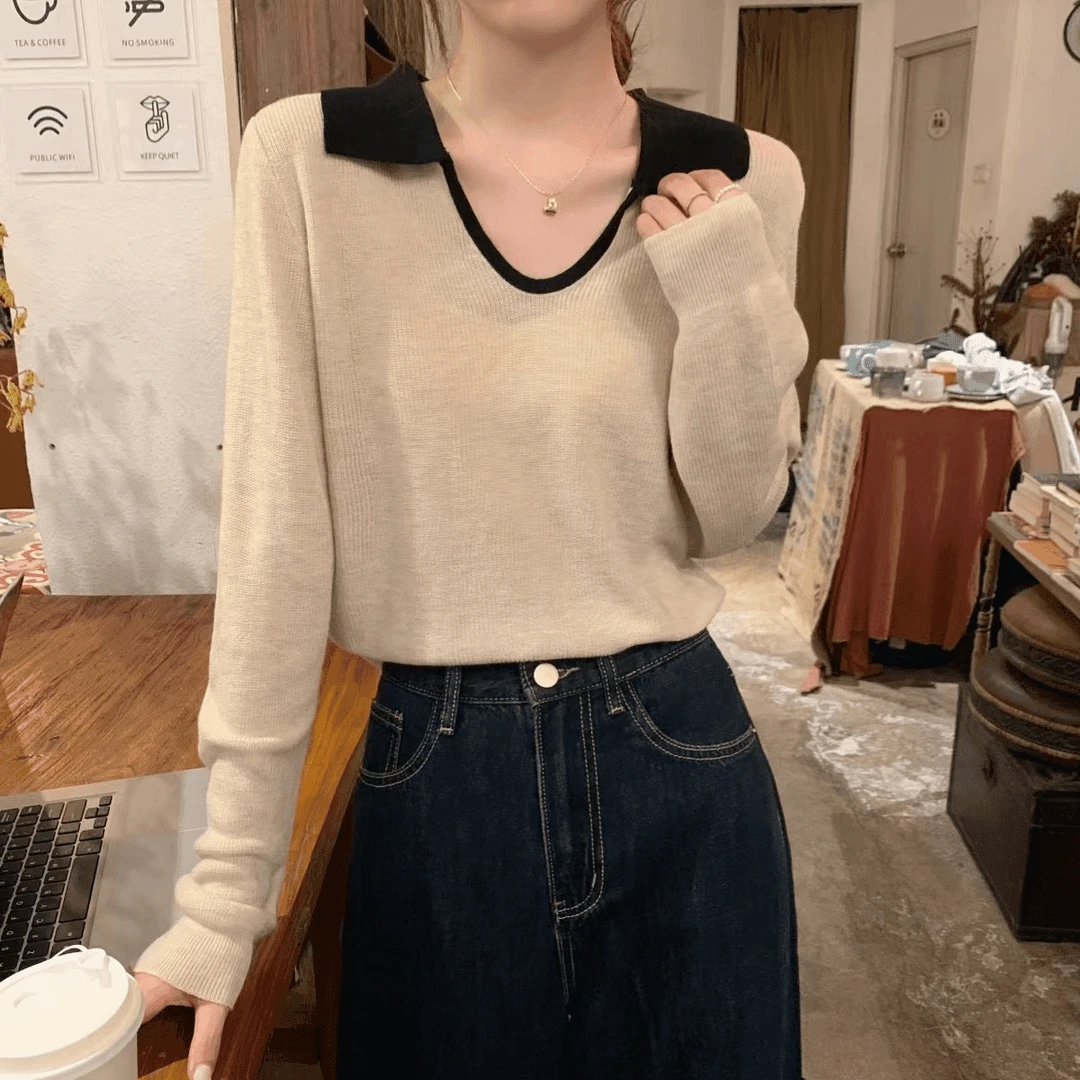 大码秋季显瘦遮肉拼色POLO领高级感软糯洋气慵懒风百搭宽松针织衫