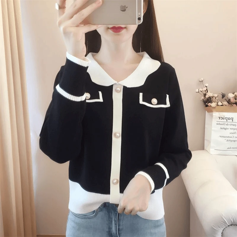 气质小香风娃娃领针织衫女2024秋款时尚显瘦外穿休闲百搭洋气毛衣