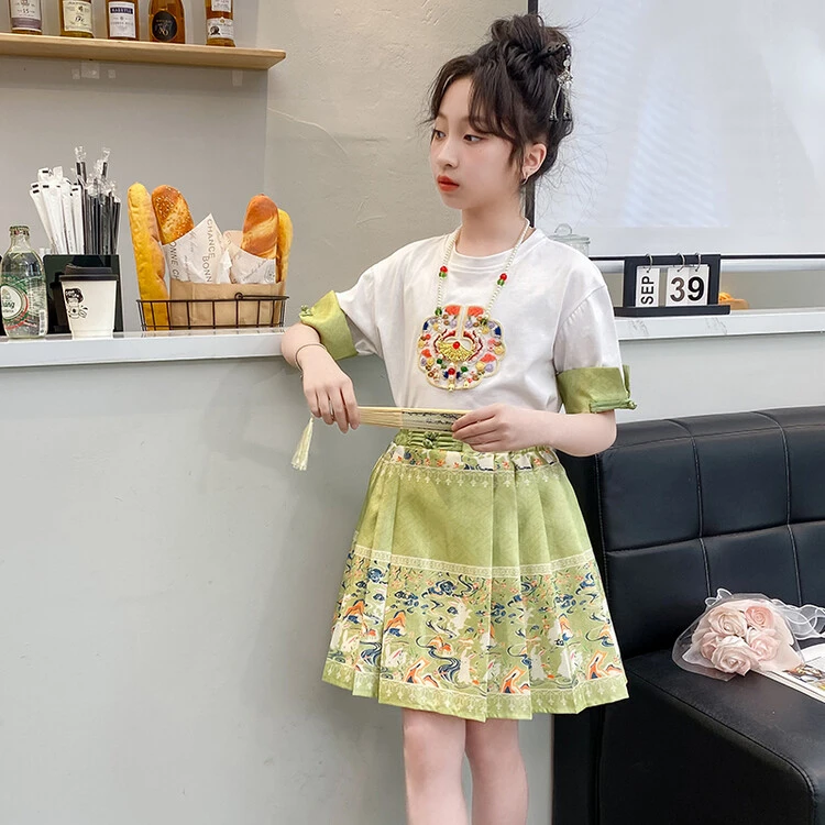 女童短袖国风套装2025新款夏季女孩新中式网红儿童jk百褶裙夏装女