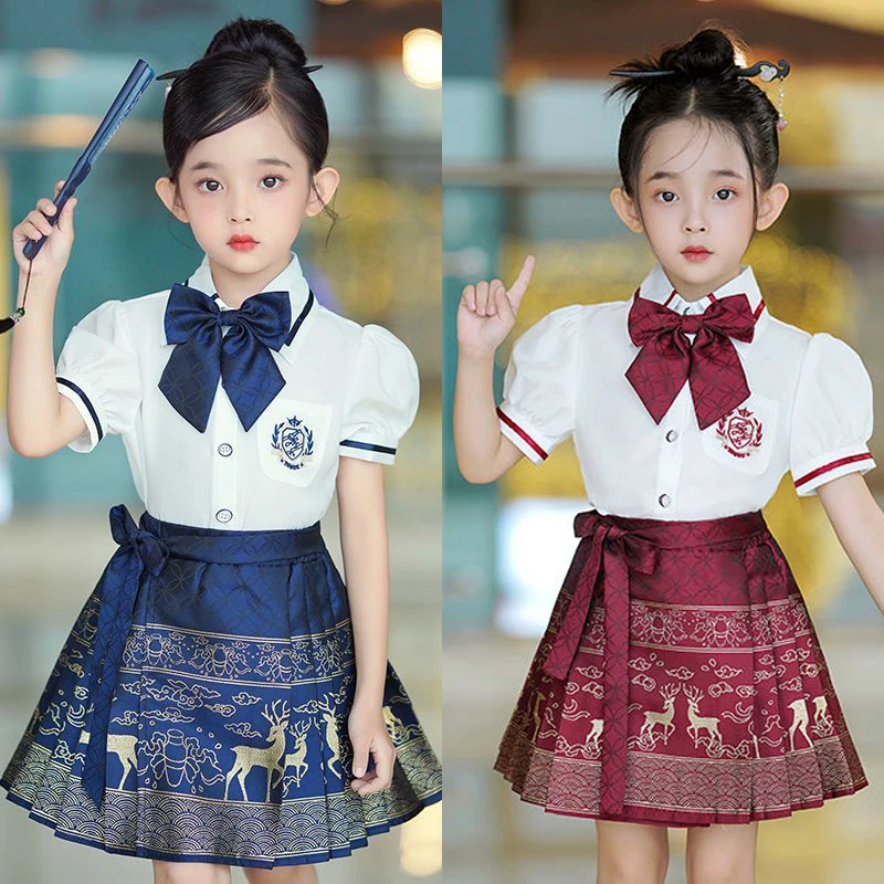 国风马面裙女童套装夏季学院风新中式汉服儿童小学生jk衬衫三件套