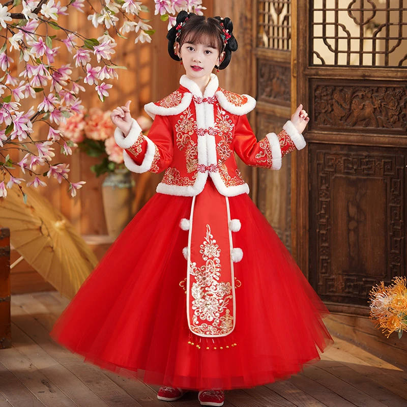 女童汉服儿童冬装加绒拜年服中国风唐装旗袍冬款小女孩过年服加厚