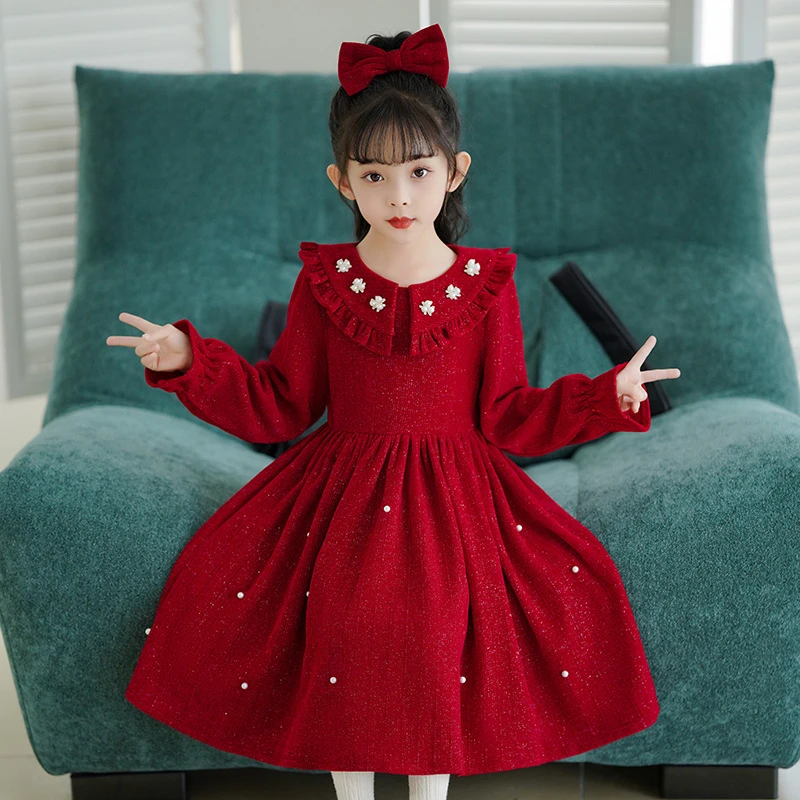 女童连衣裙2024新款宝宝拜年服洋气加绒厚儿童公主裙冬季新年衣服