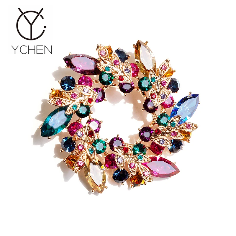 铜合金胸针 复古紫荆花胸针女高档奢华花朵胸花气质水晶西装别针