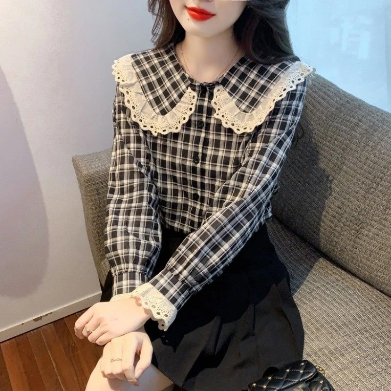时尚娃娃领格子衬衫女2024春新款漂亮洋气小衫设计感别致长袖上衣