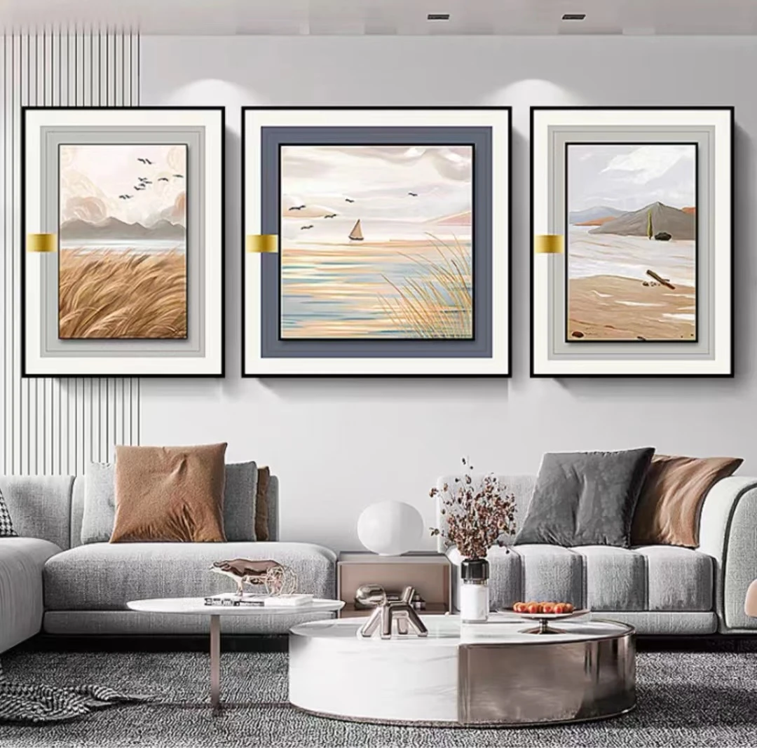 现代简约风格客厅高档皮雕肌理装饰画沙发背景画山水风景风吹麦海