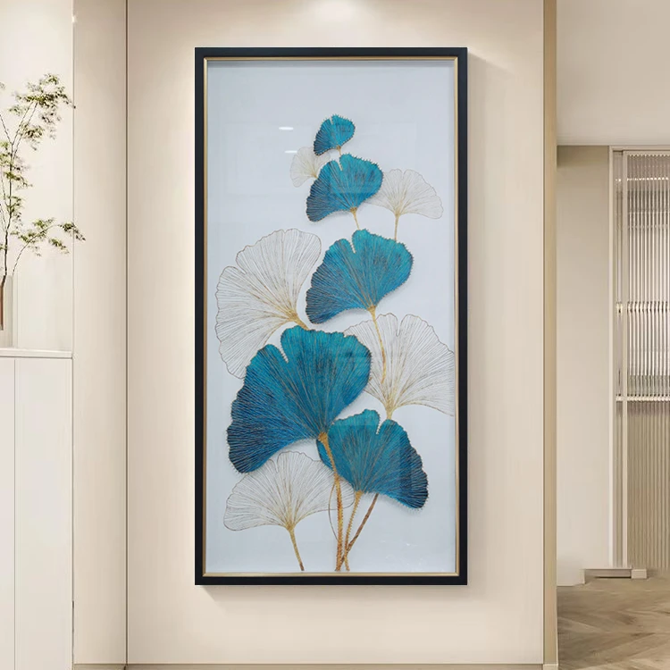 现代轻奢入户玄关实物画过道走廊立体手工装饰画手工拉线美满银杏