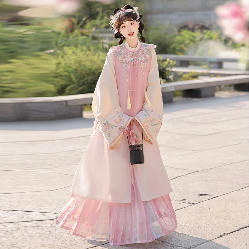 忆汉兮原创汉服【月夕花晨】明制立领长衫绣花云肩比甲套装秋冬款