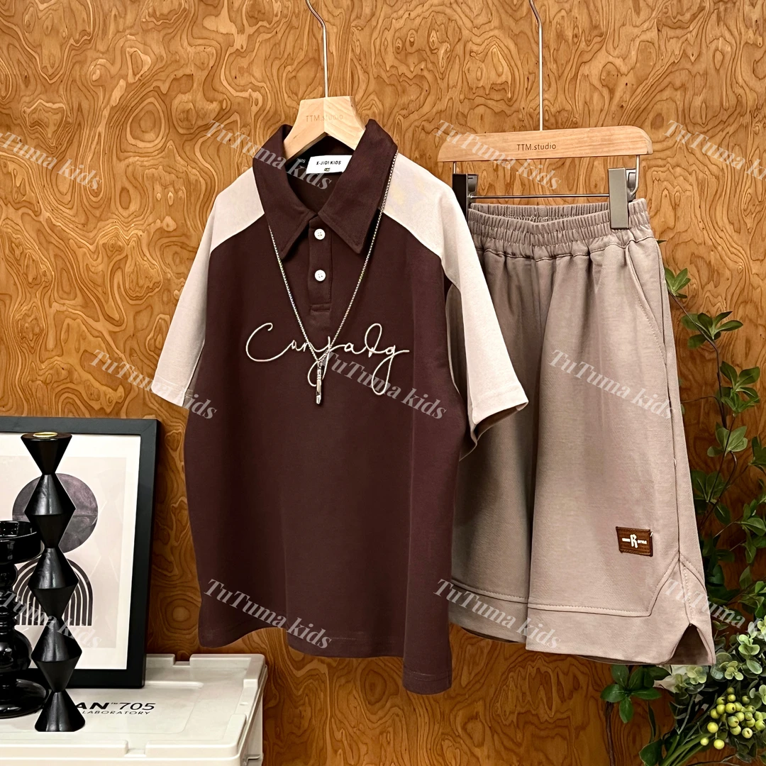 【现货】男女童2024夏季酷帅撞色运动POLO衫短袖套装两件套