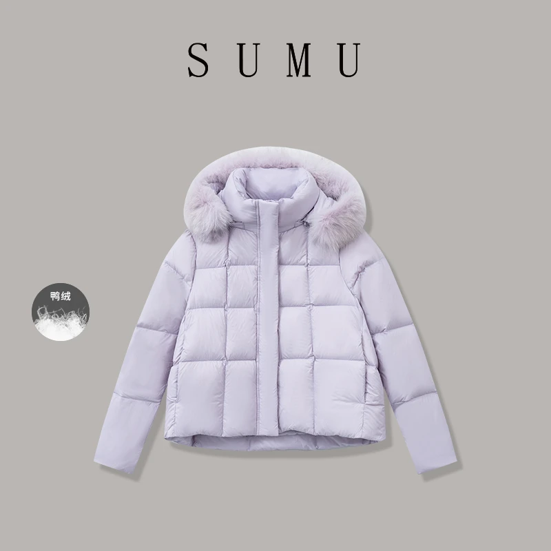 宿慕SUMU 女款毛领连帽羽绒服12-13冬款2024新款百搭羽绒服B2800F