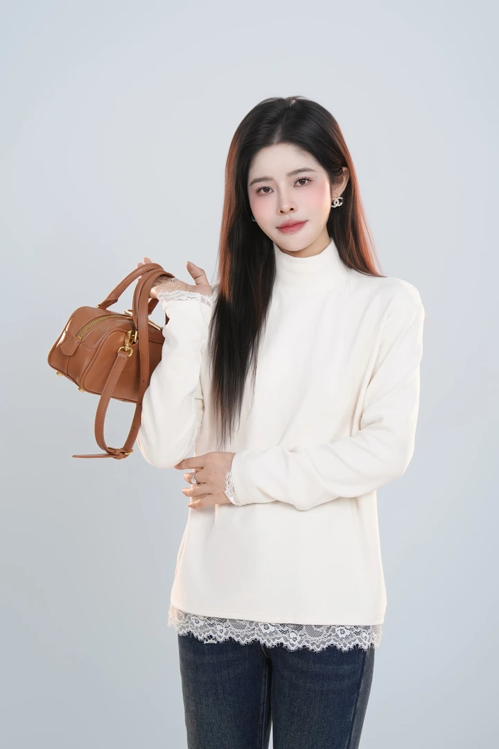 宿慕SUMU 女款蕾丝拼接半高领上衣12-3冬季2024新款打底衫B1904F