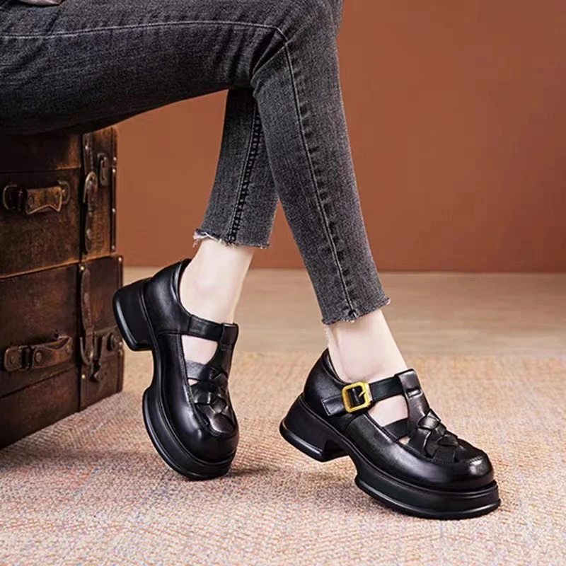 2311女凉鞋头层牛皮厚底乐福鞋真皮女鞋夏季黑色时尚透气皮鞋