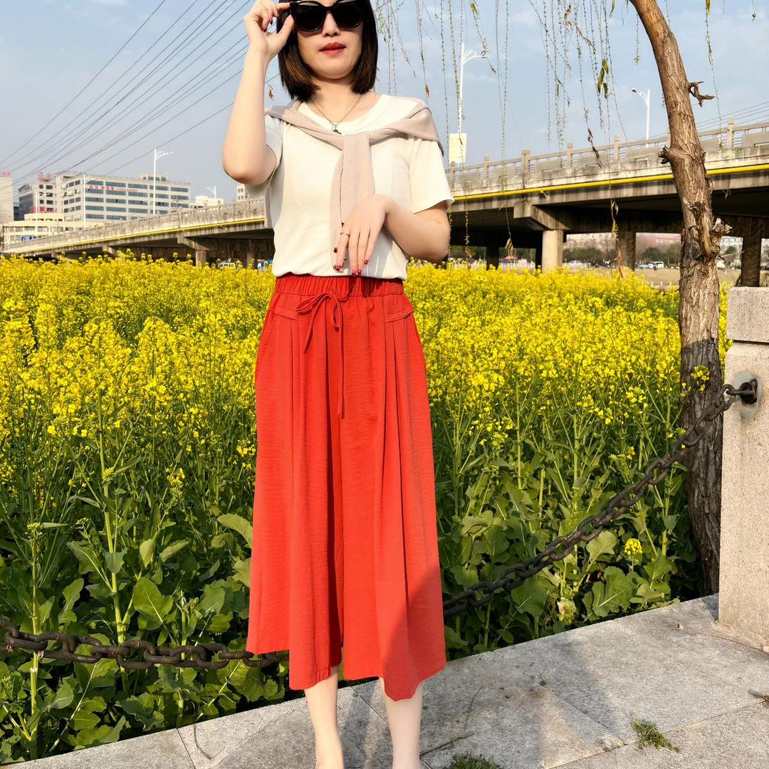 2025春夏冰丝皱垂顺显高显瘦薄款休闲高腰宽松大码裙裤 3699#