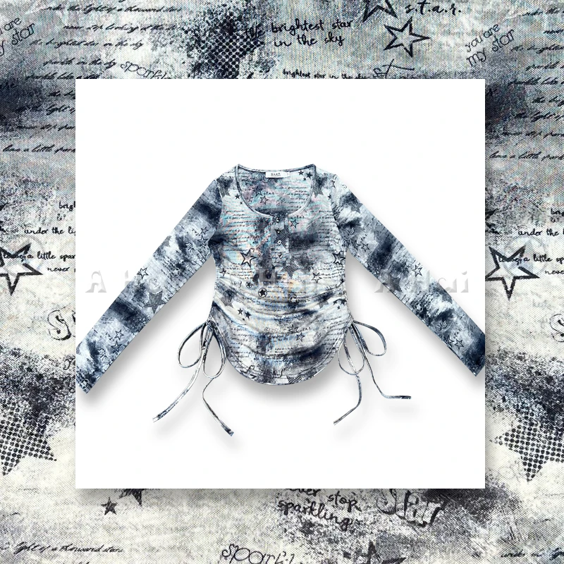 A Hai【星空灰】设计师抽褶长袖防晒T恤女夏季薄款透气网纱户外上衣