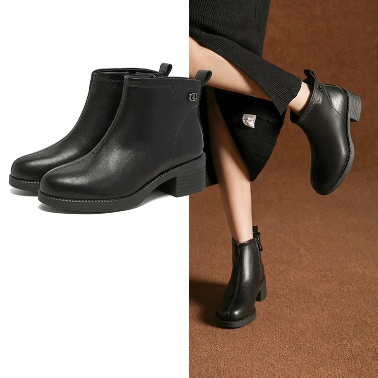 大东冬季1022加绒粗跟时尚短靴23D